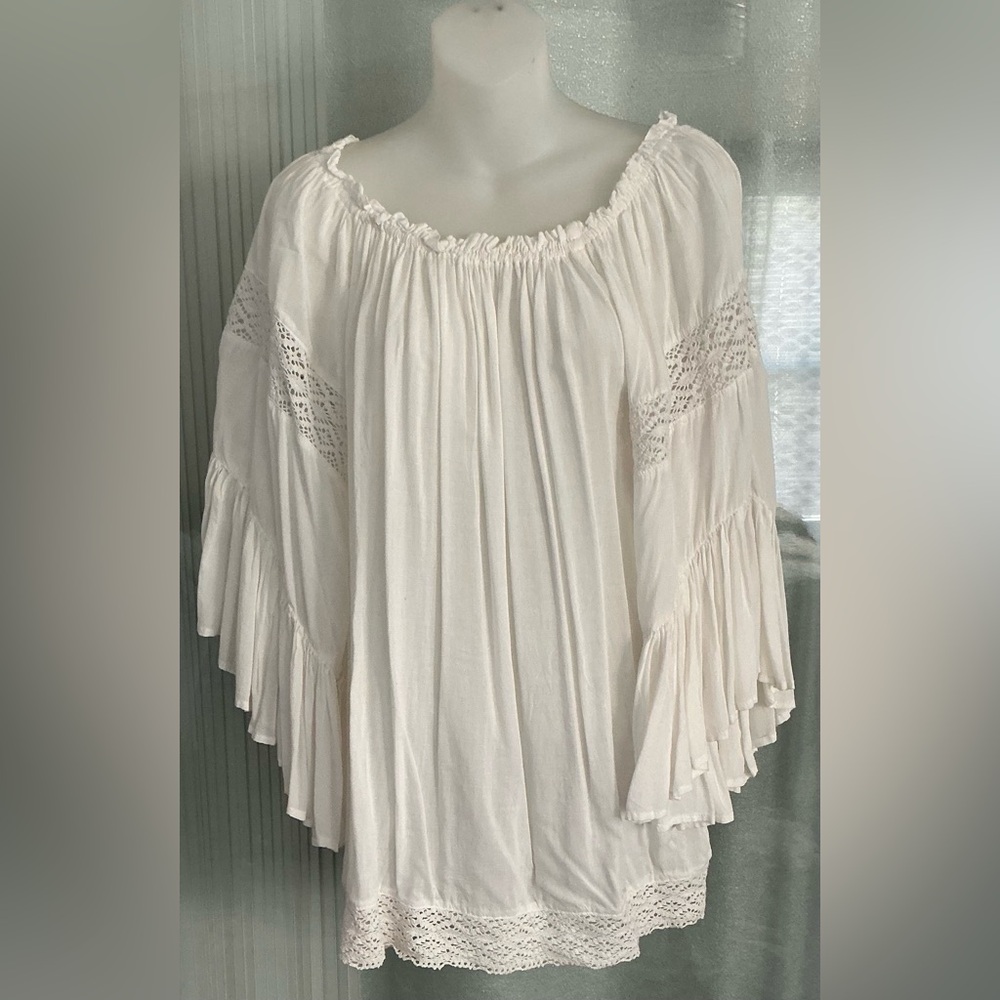 Surf Gypsy White Peasant Top With Angel Sleeves